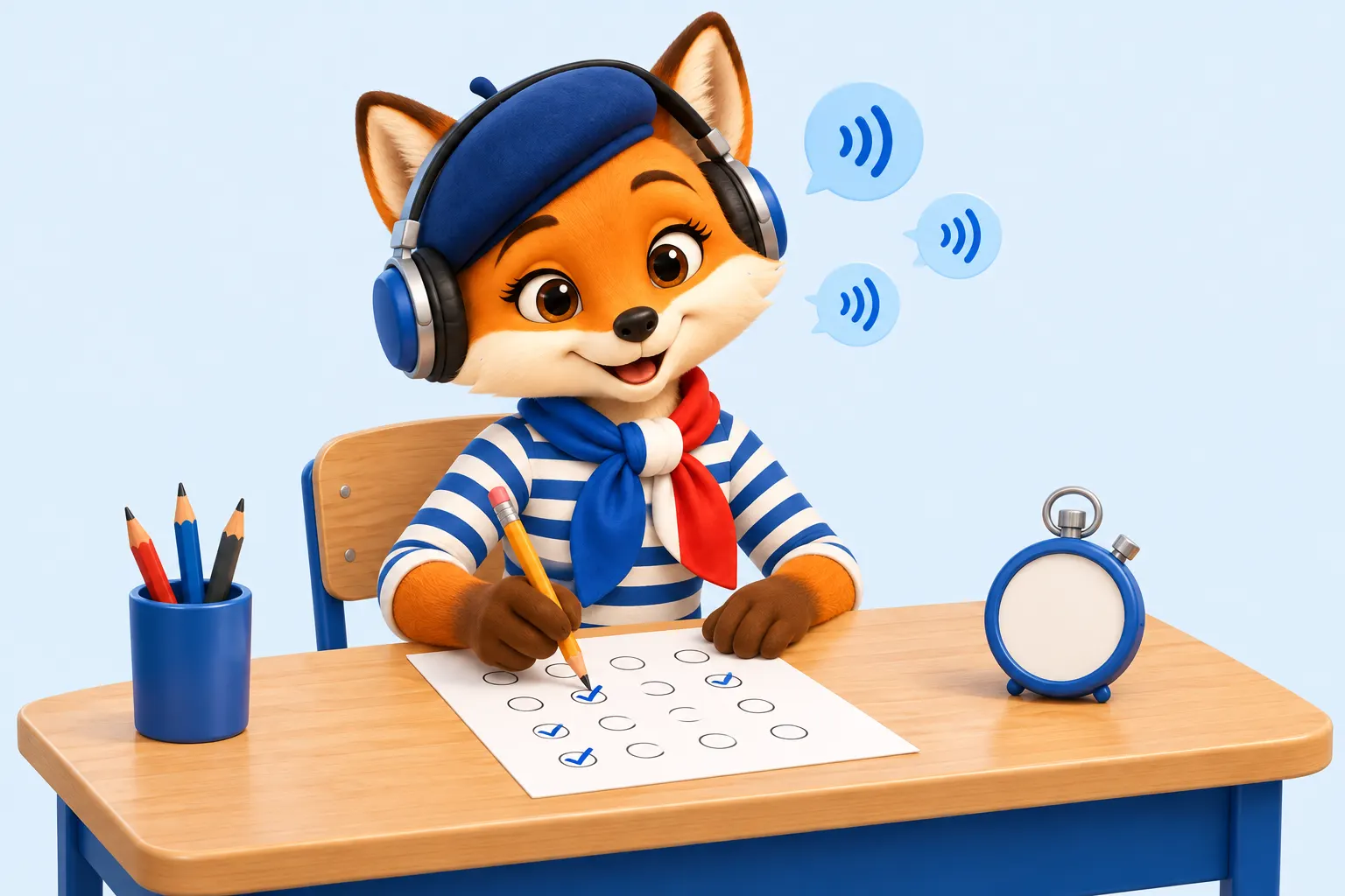 Exemple de compréhension orale DELF B2 : le renard écoute l'audio et coche ses réponses