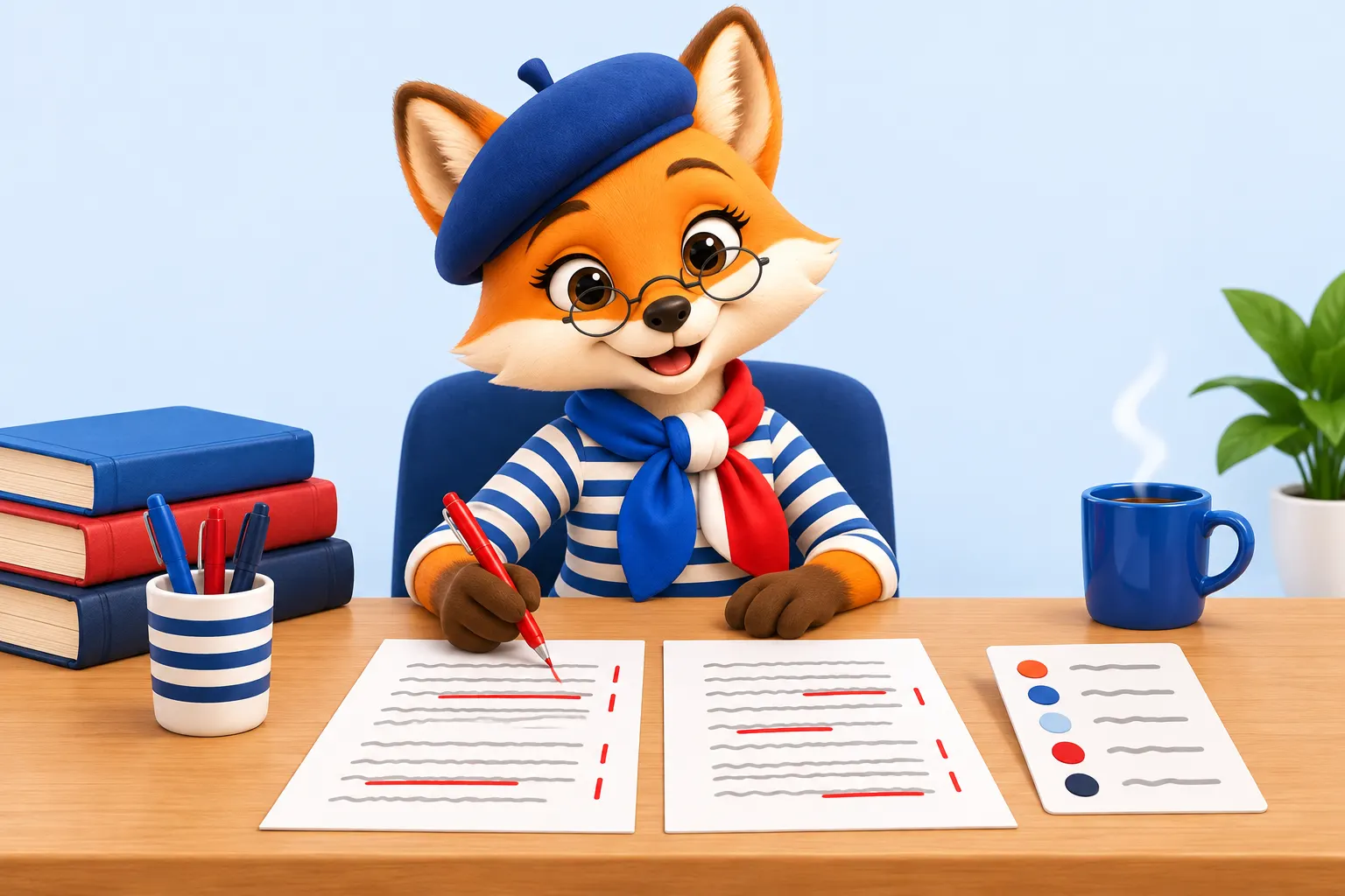 DELF B2 writing sample: the fox examiner marks two essays with a red pen