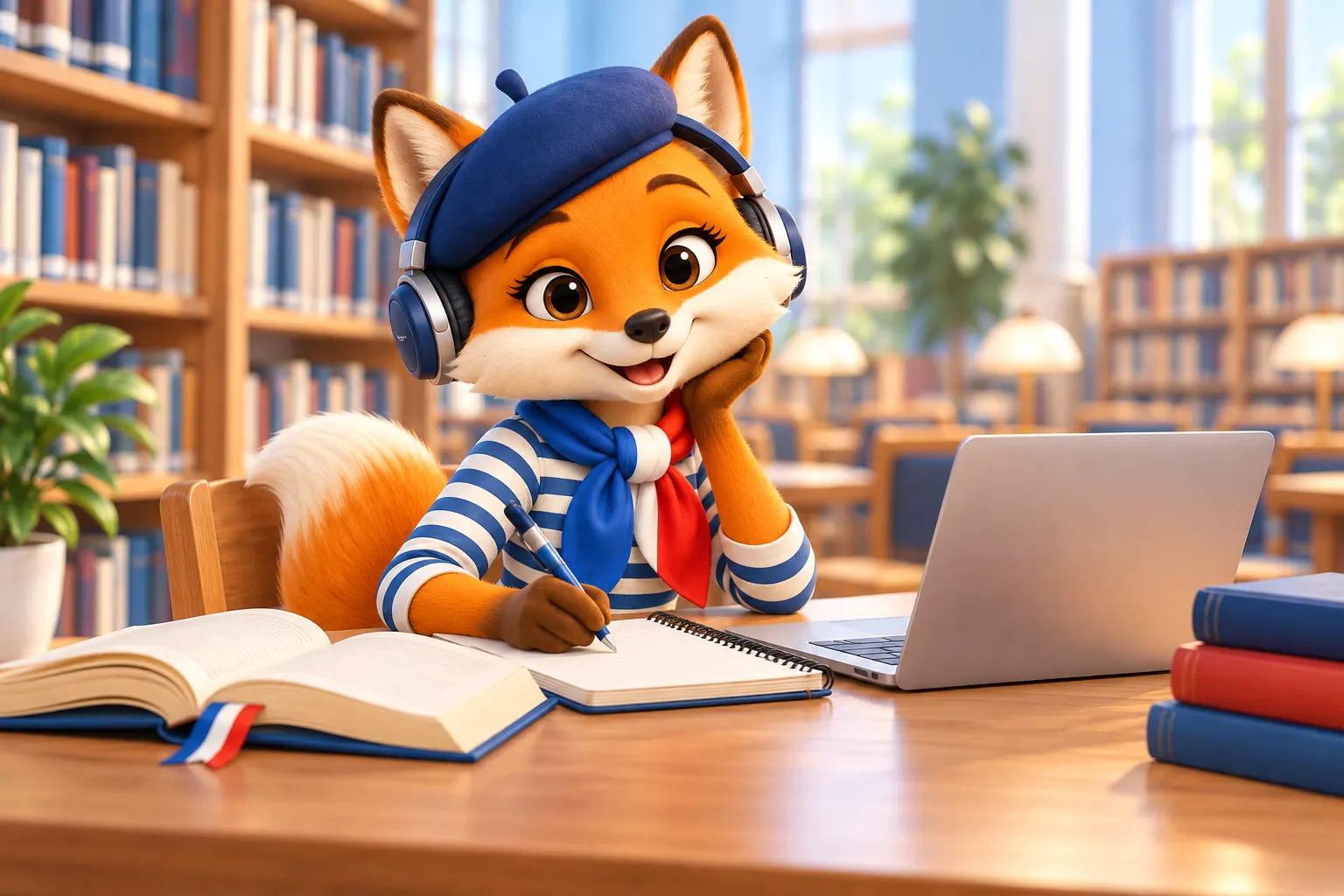 Formation DELF B2 gratuite : le renard étudie avec un casque et un ordinateur dans une bibliothèque