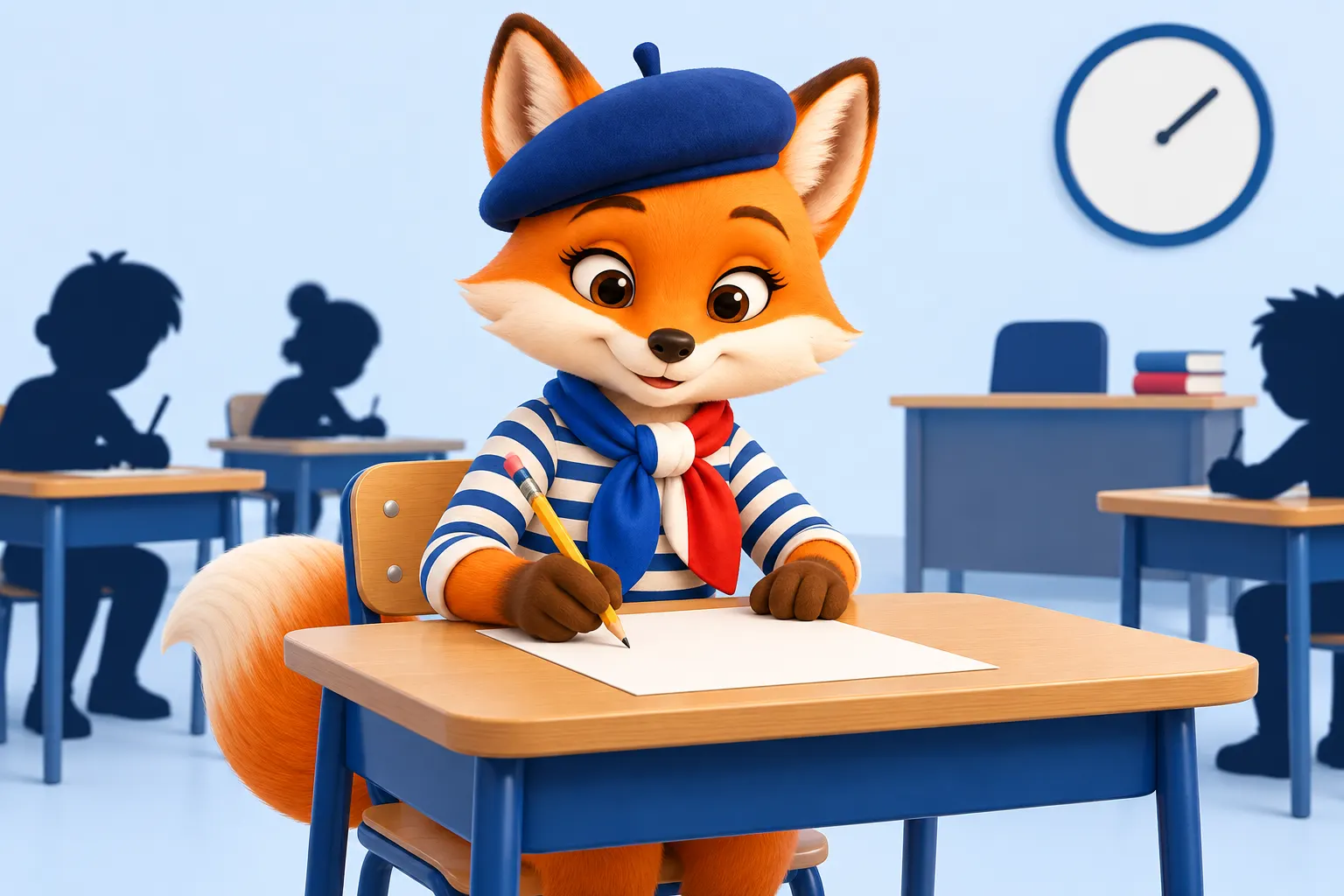 DELF B2 junior: the fox, as a school student, takes the written paper in a classroom