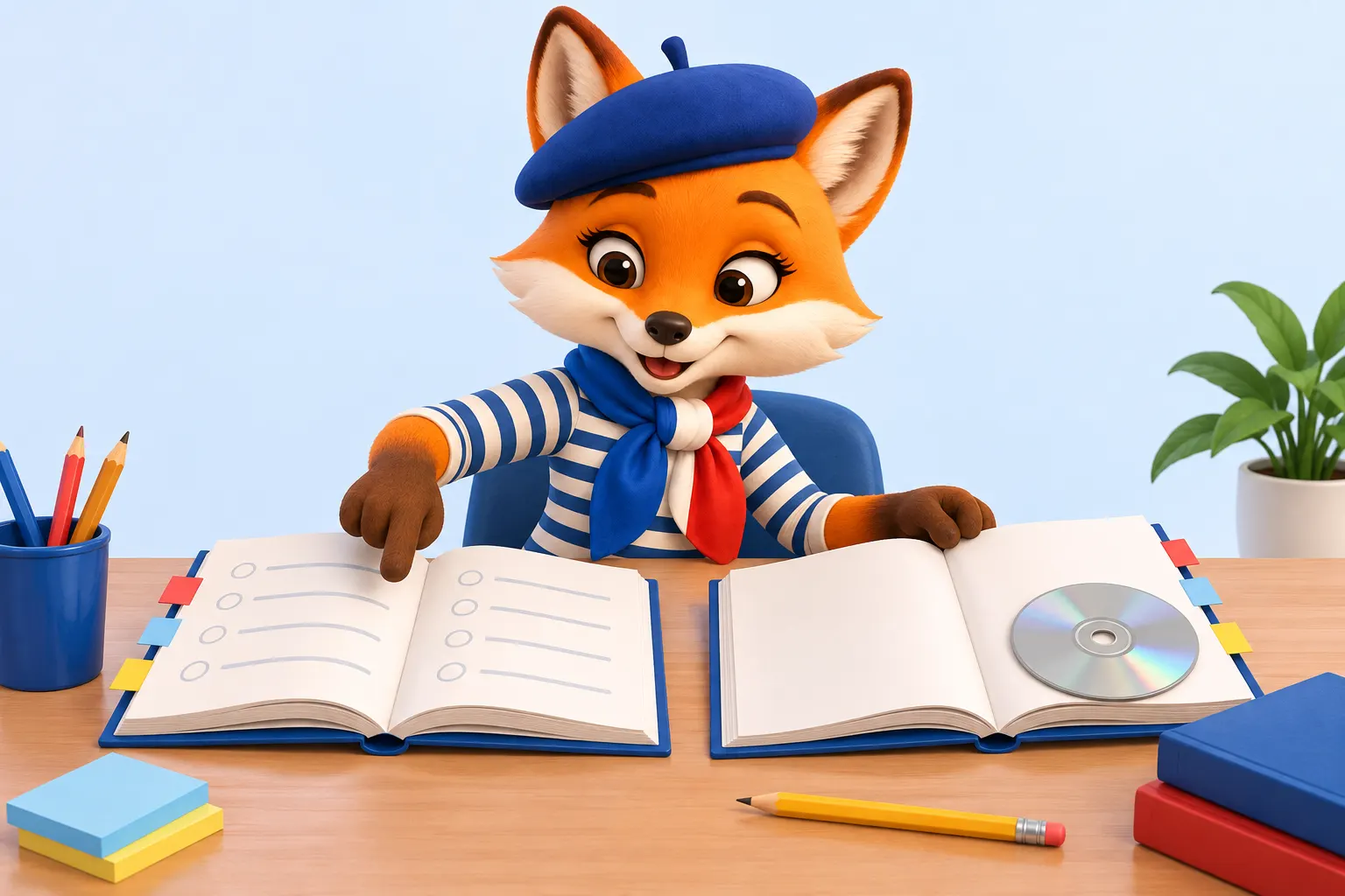 DELF B2 books: the fox compares two open workbooks on a desk