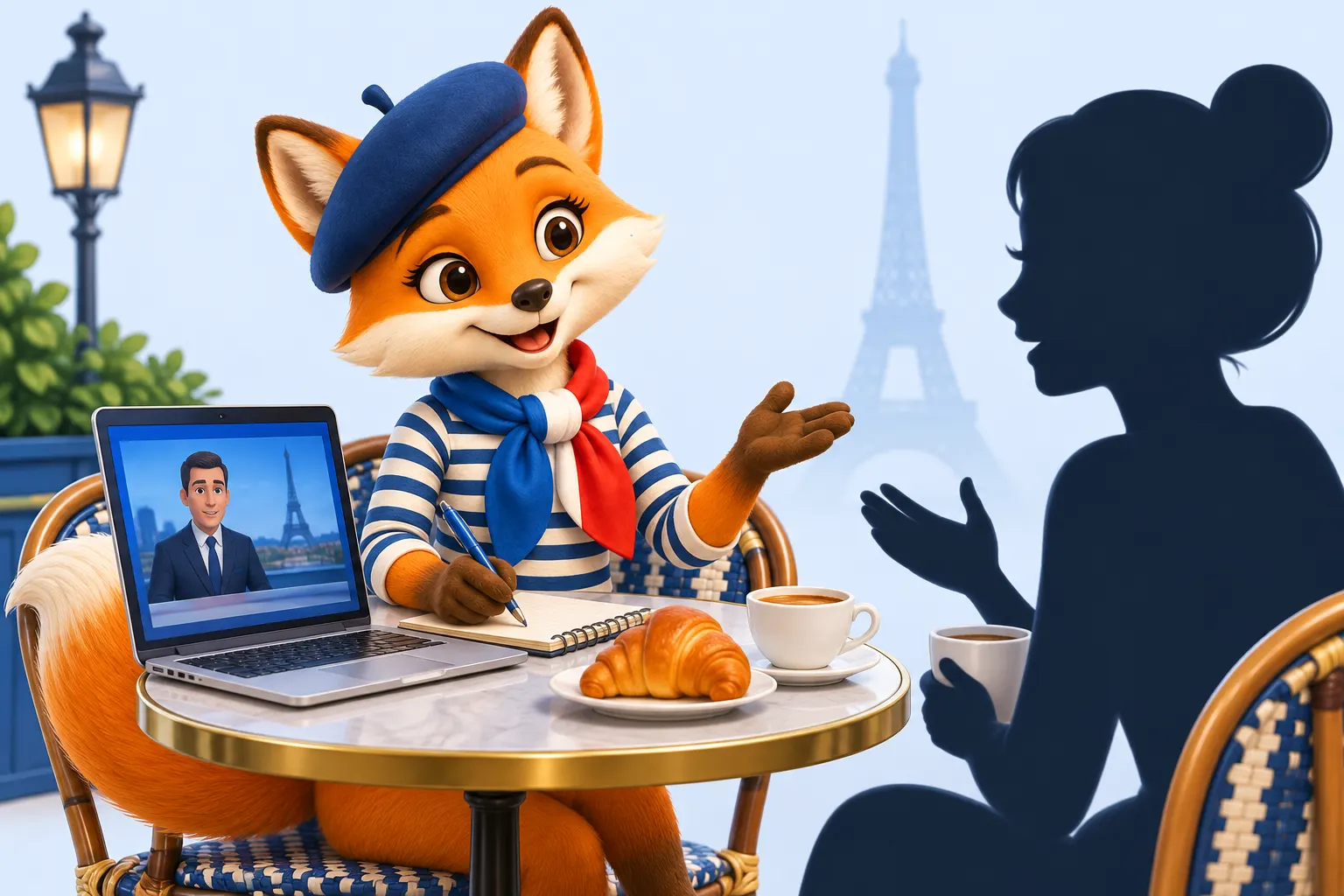 French B2 level: the fox follows a TV news report then chats in a café