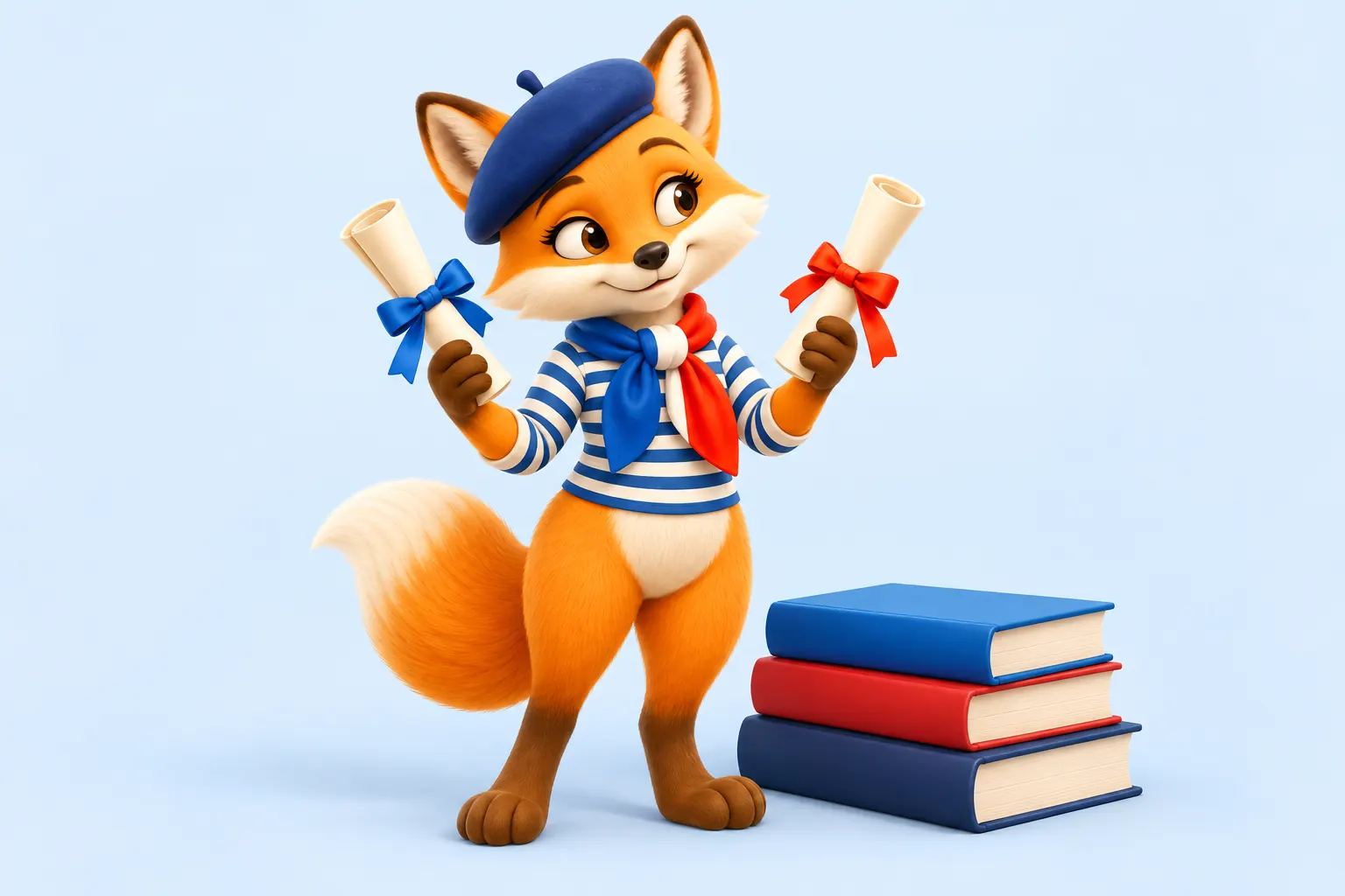 DELF DALF: the fox compares two rolled diplomas, one with a blue ribbon and one with a red ribbon