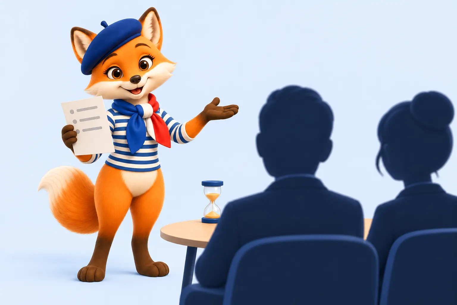 DELF B2 speaking topics: the fox gives its talk in front of two examiners