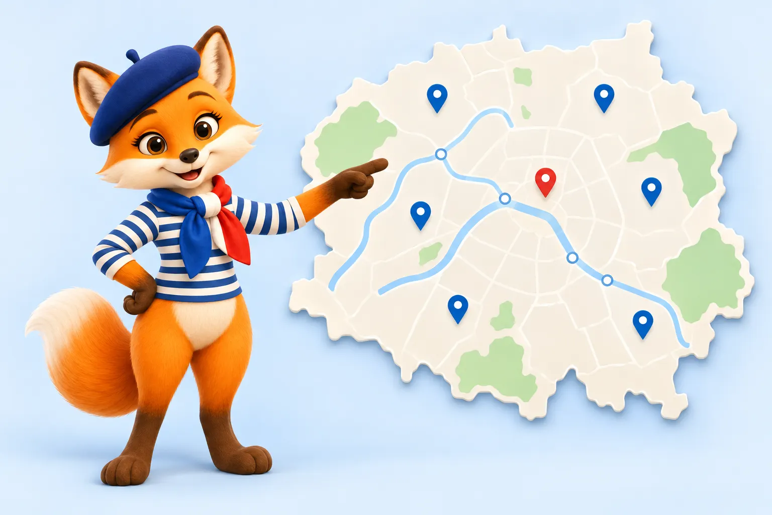 DELF B2 exam centres: the fox points at exam centres on a map of Paris and its suburbs