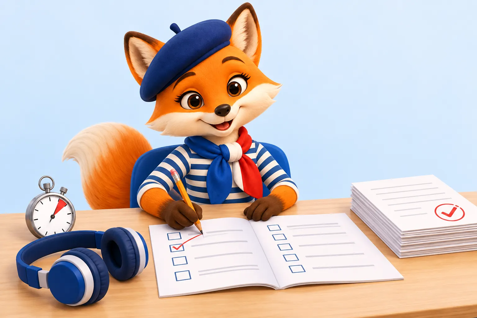 DELF B2 practice test PDF: the fox takes the printed test with a stopwatch