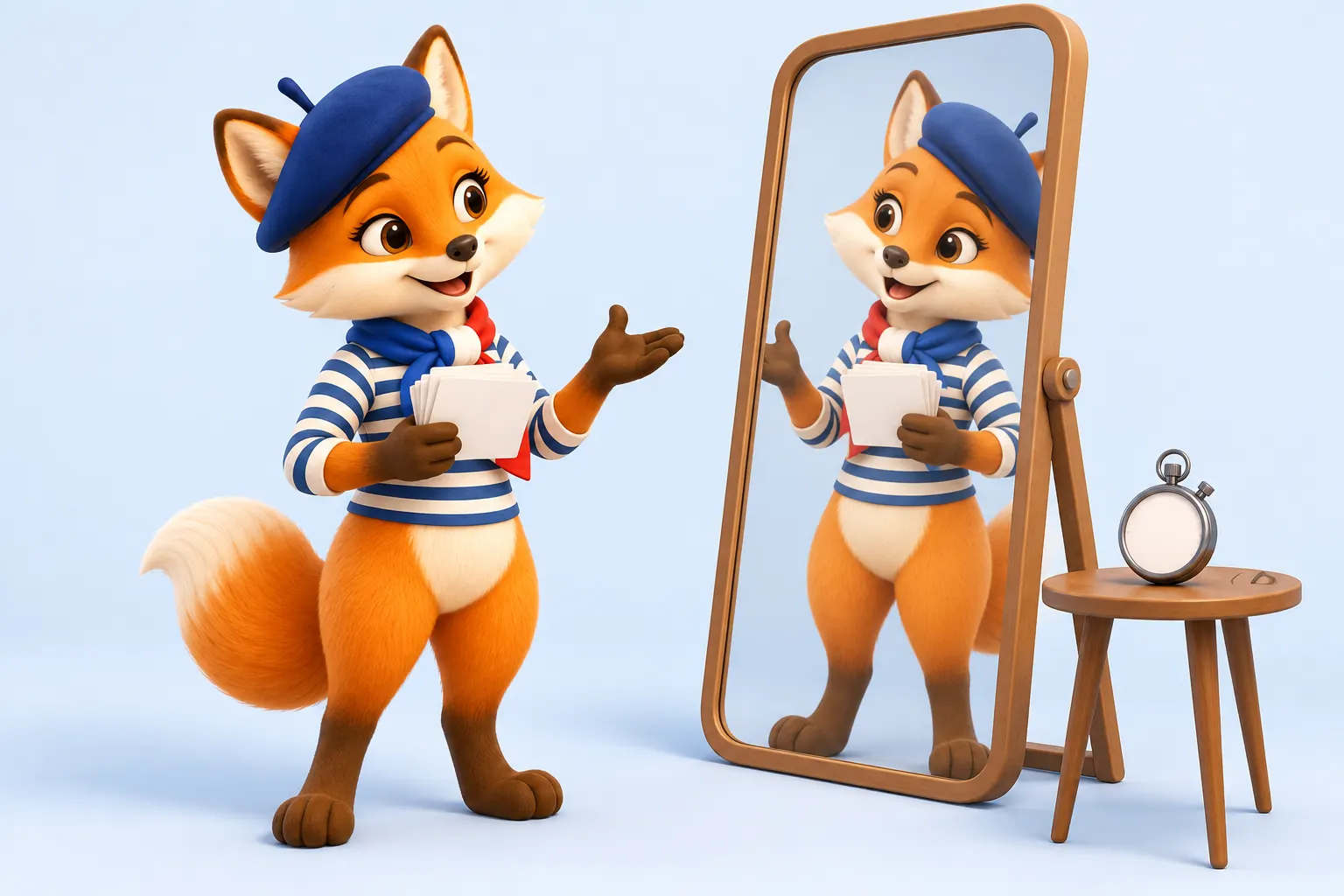 DELF B2 speaking phrases: the fox rehearses in front of a mirror with flashcards