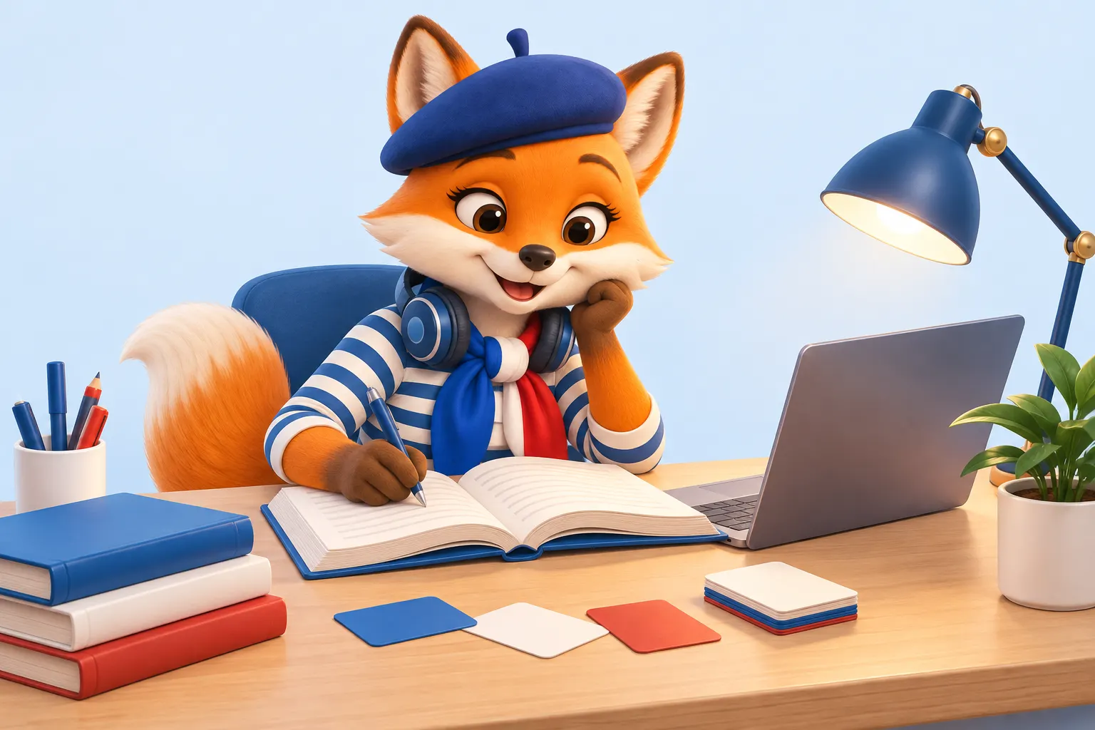 How to prepare for DELF B2: the fox studies at its desk with a textbook and flashcards