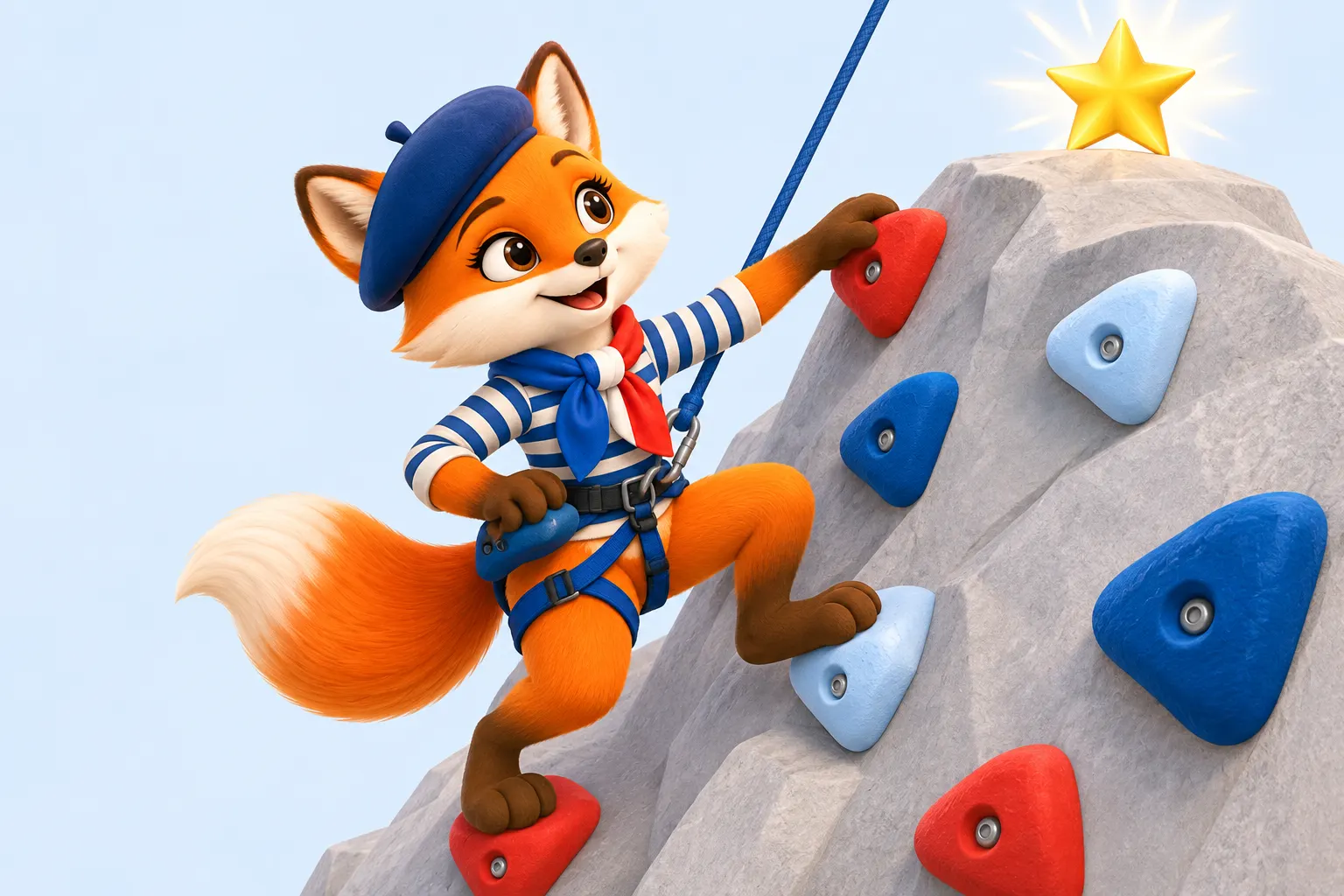 Is the DELF B2 hard? The fox climbs a climbing wall towards a golden star