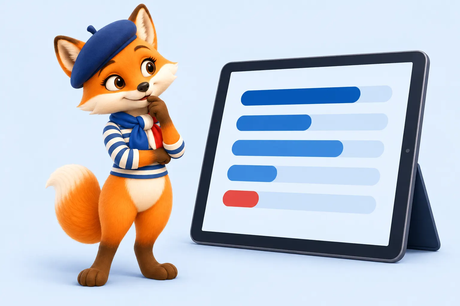 Note DELF B2 : le renard regarde ses barres de score, dont une trop courte en rouge