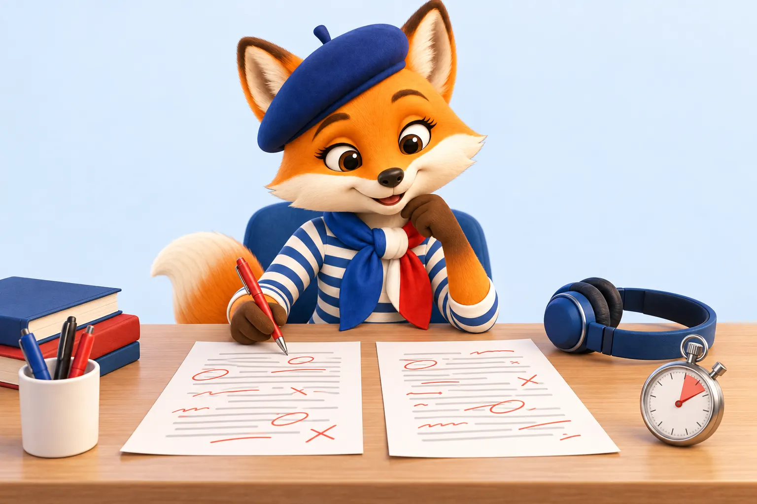 Sujets DELF B2 corrigés : le renard compare deux copies annotées au stylo rouge