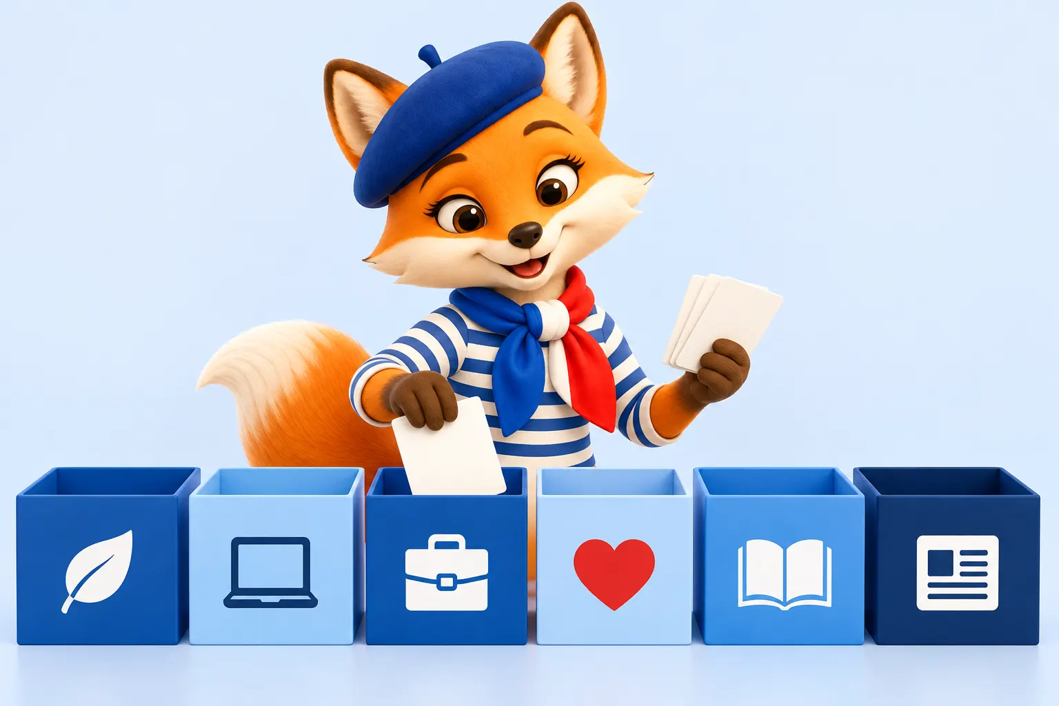 Vocabulaire DELF B2 : le renard range des cartes de mots dans des boîtes par thème